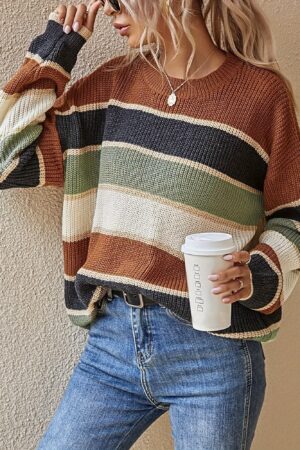 1pc Acrylic Elegant Women's Color Block Striped Pullover Sweater