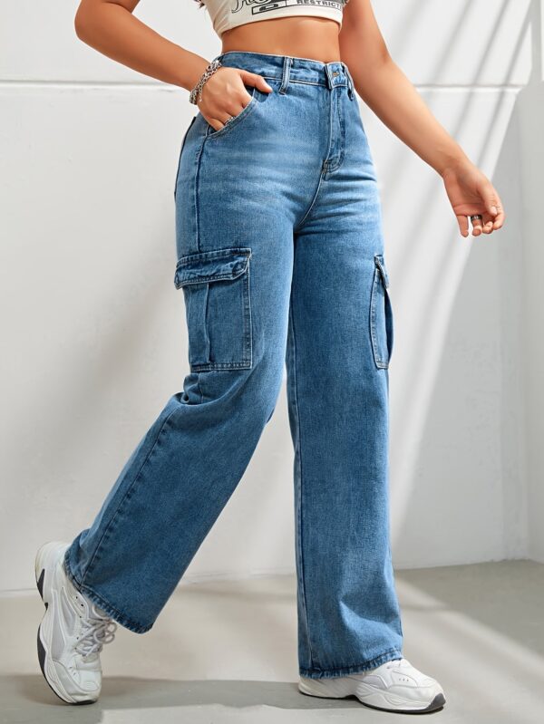 Women's Casual Wide Leg Denim Cargo Pants - Image 8