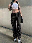 Girl's Wide Legs Baggy Cargo Pants with 2 Flap Pockets