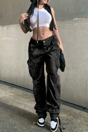 Girl's Wide Legs Baggy Cargo Pants with 2 Flap Pockets