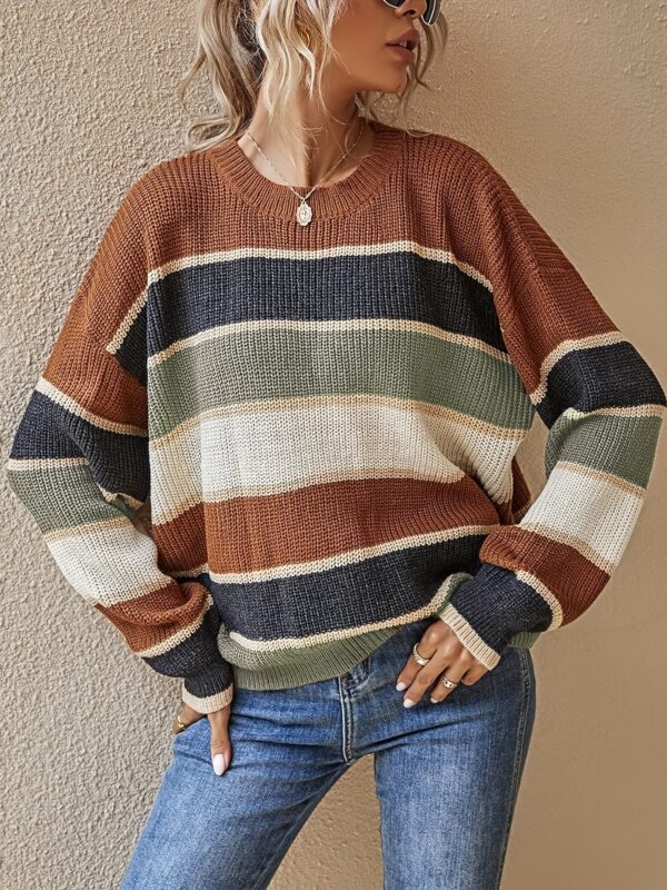 1pc Acrylic Elegant Women's Color Block Striped Pullover Sweater - Image 5