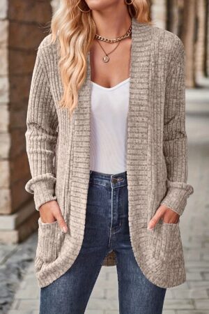 Cozy Rib Knit Cardigan for Women - Soft & Stylish Solid Open Front Sweater with Pockets - Casual Long Sleeve Fashion Clothing