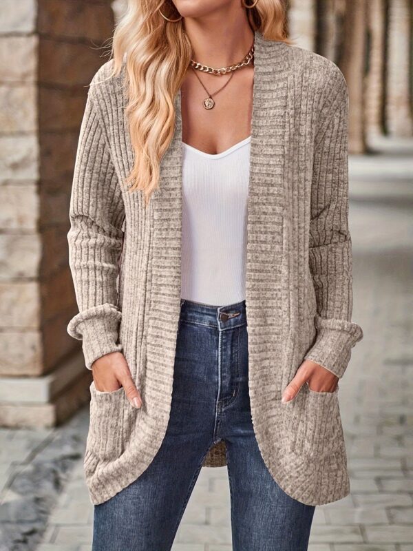 Cozy Rib Knit Cardigan for Women - Soft & Stylish Solid Open Front Sweater with Pockets - Casual Long Sleeve Fashion Clothing