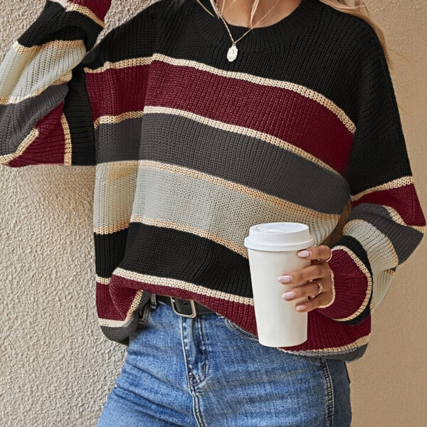 1pc Acrylic Elegant Women's Color Block Striped Pullover Sweater - Image 7