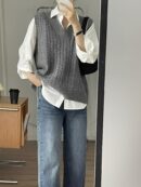 Solid V Neck Cable Knit Vest