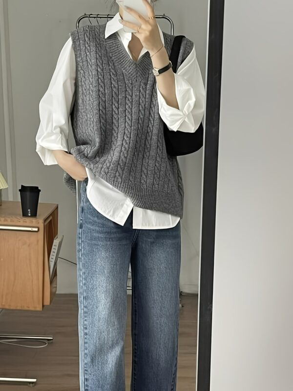 Solid V Neck Cable Knit Vest - Image 8