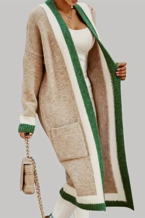 Chic Color Block Knit Cardigan - Soft Open Front Sweater Coat with Pockets - Vintage Long Sleeve Style for Women
